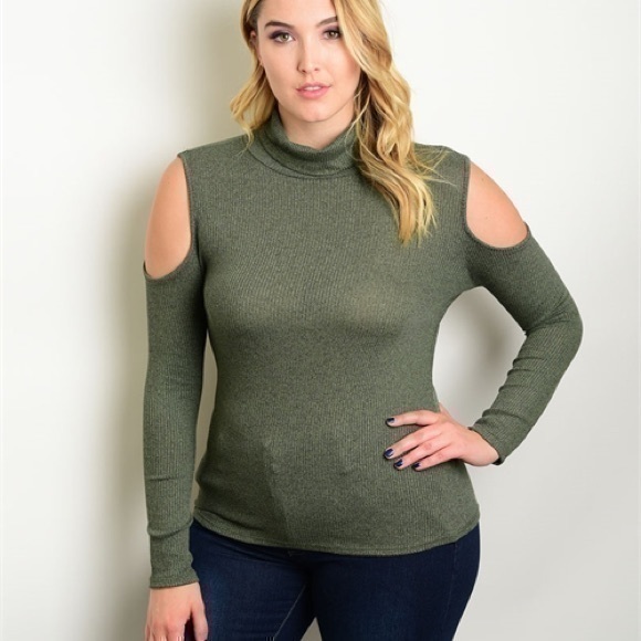 Olive Cold Shoulder Mock Turtleneck Ribbed Top - Picture 1 of 2